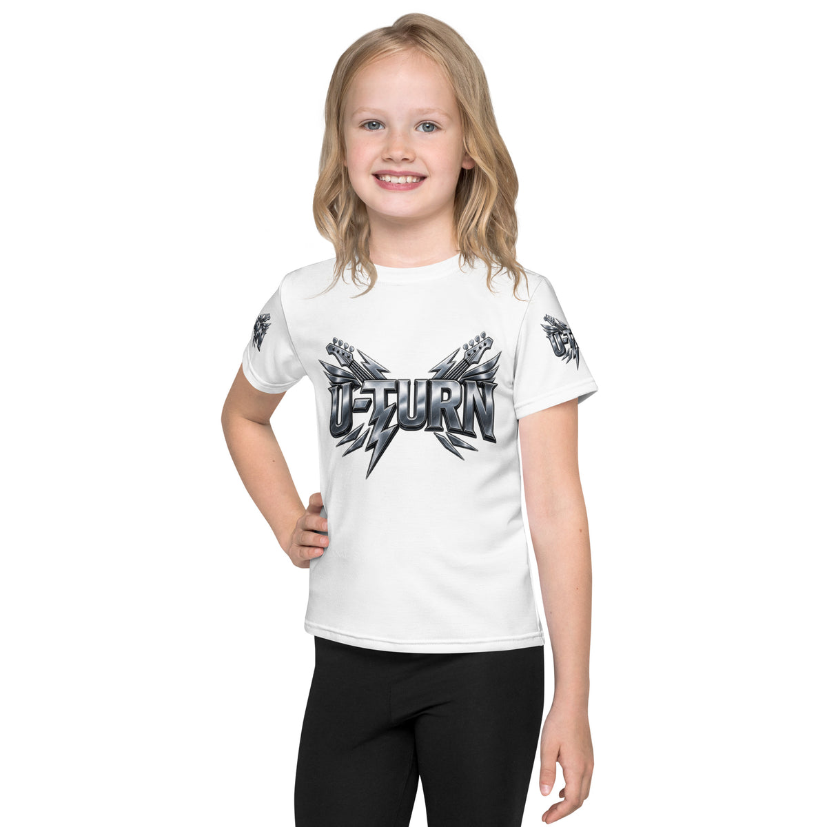 White U-TURN band logo kids crew neck t-shirt, front view
