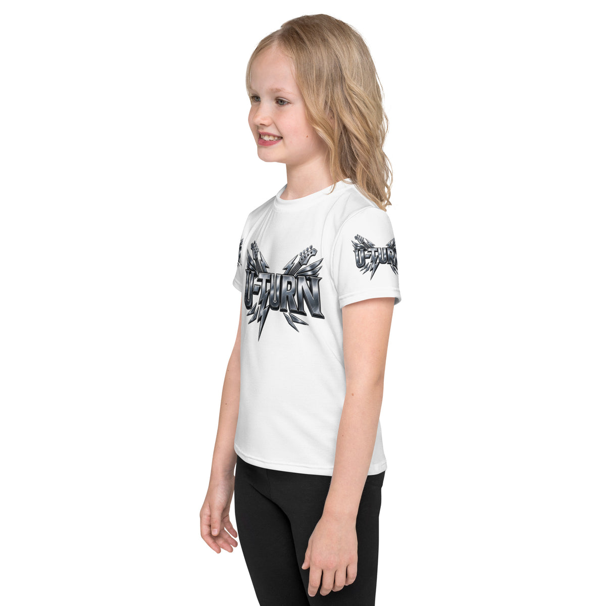 White U-TURN band logo kids crew neck t-shirt, detail view