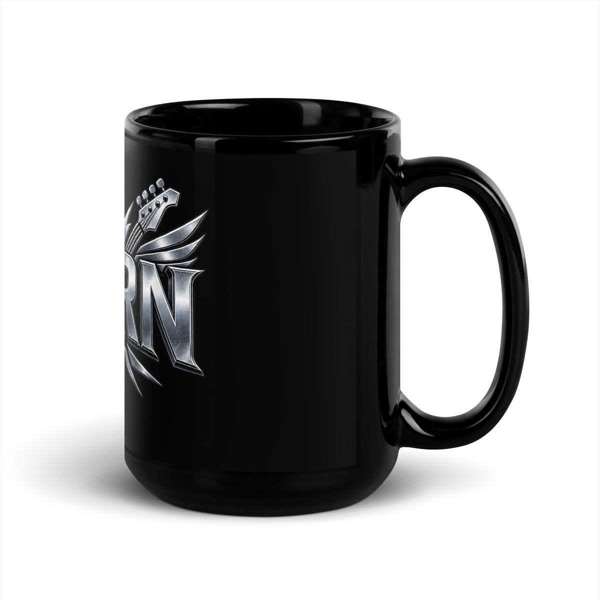 Black glossy U-TURN band logo mug, front view