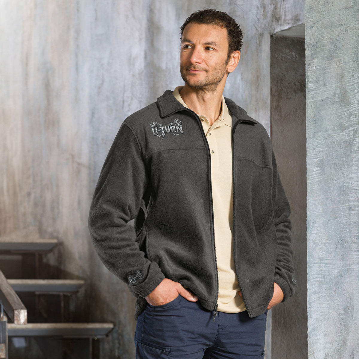 Charcoal heather U-TURN Columbia fleece jacket, front view