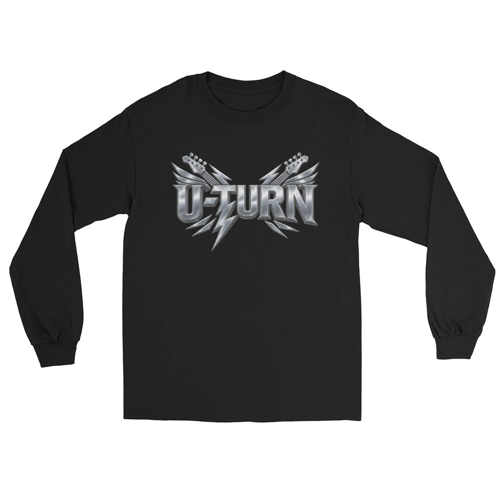 Black U-TURN band logo men's long sleeve shirt, front view