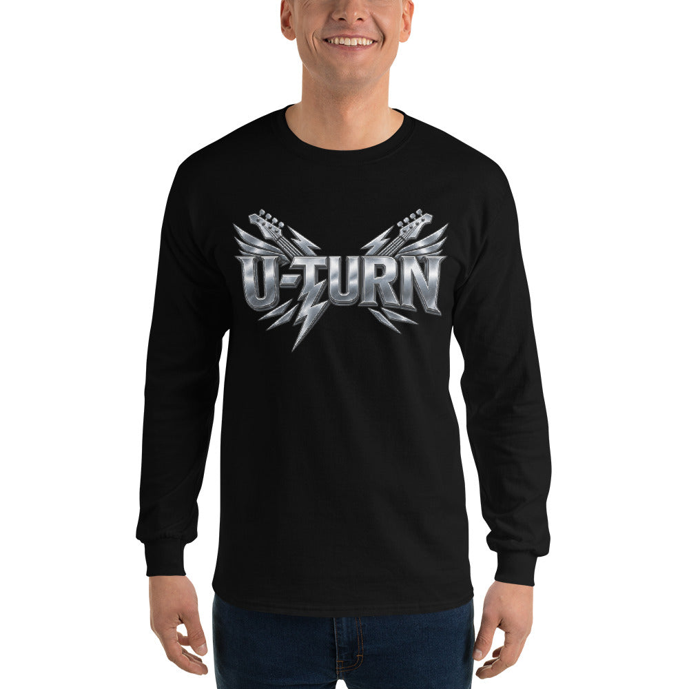 Black U-TURN band logo men's long sleeve shirt, front view