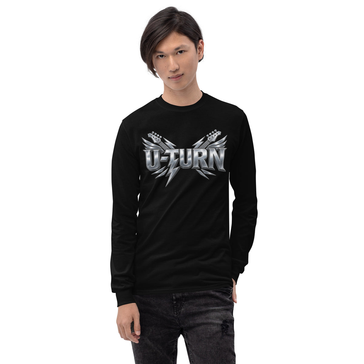Black U-TURN band logo men's long sleeve shirt, front view