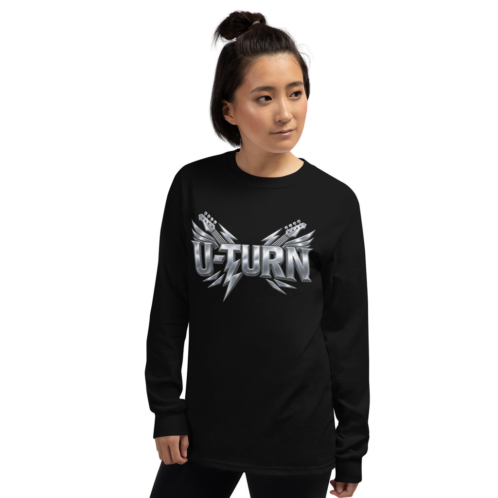 Black U-TURN band logo men's long sleeve shirt, front view