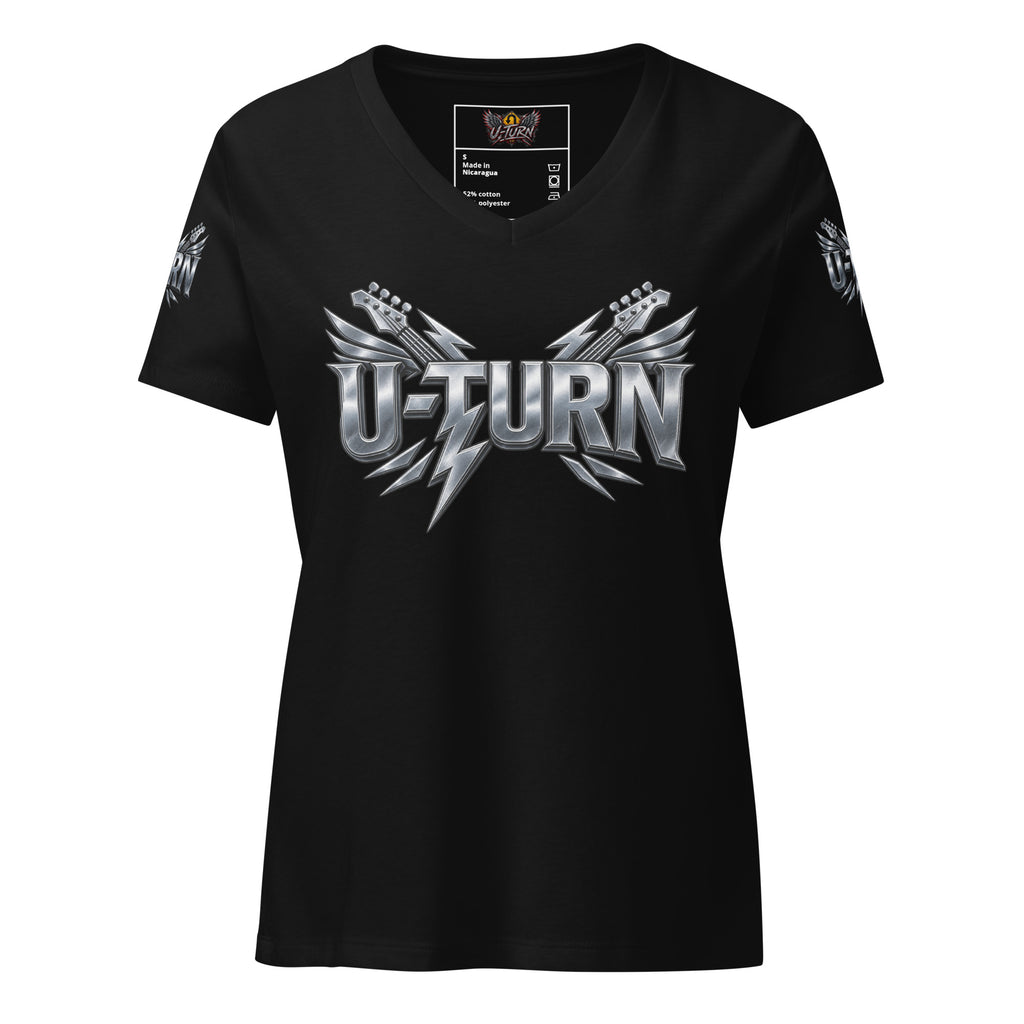 Black U-TURN band logo women's relaxed v-neck t-shirt, front view