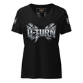 Black U-TURN band logo women's relaxed v-neck t-shirt, front view