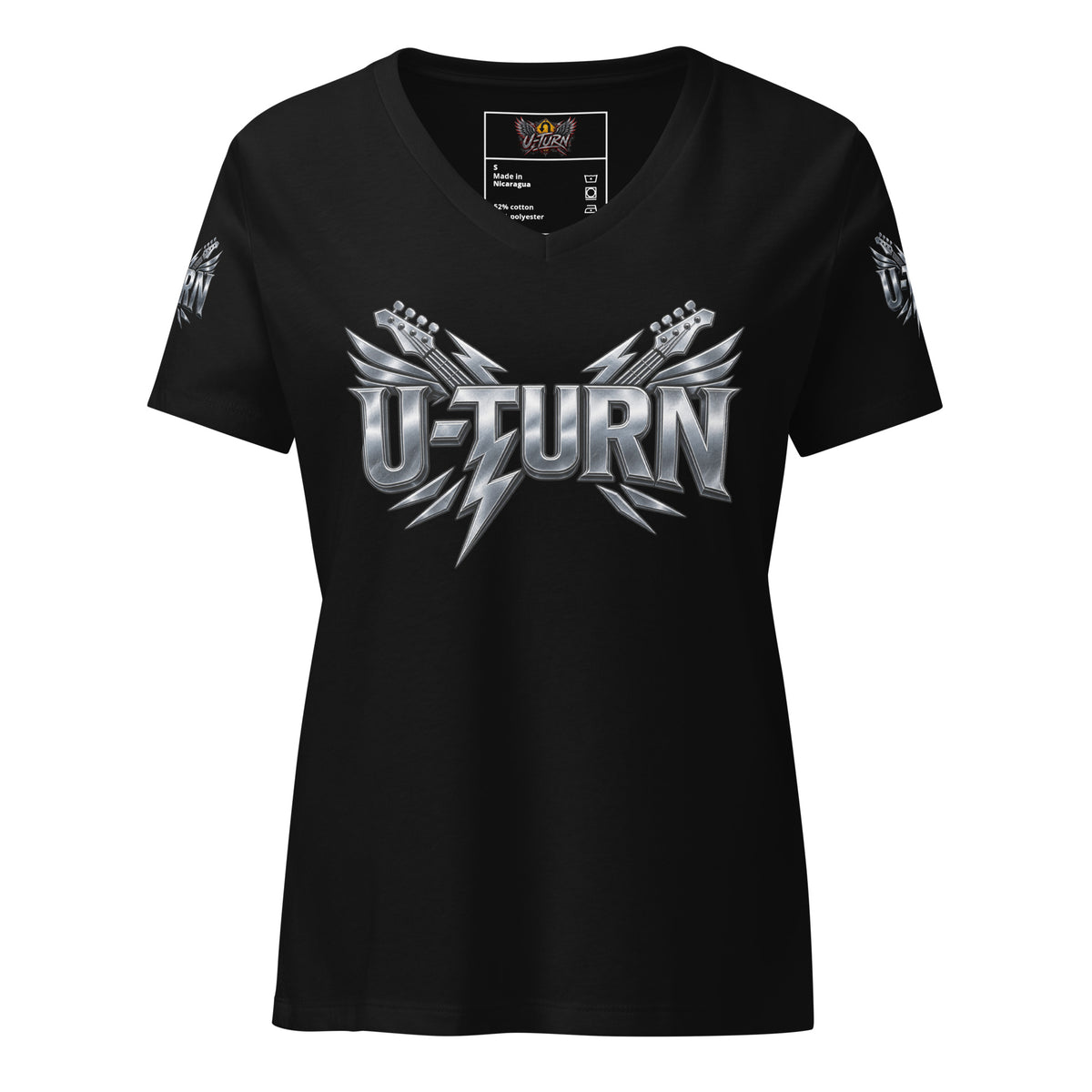 Black U-TURN band logo women's relaxed v-neck t-shirt, front view
